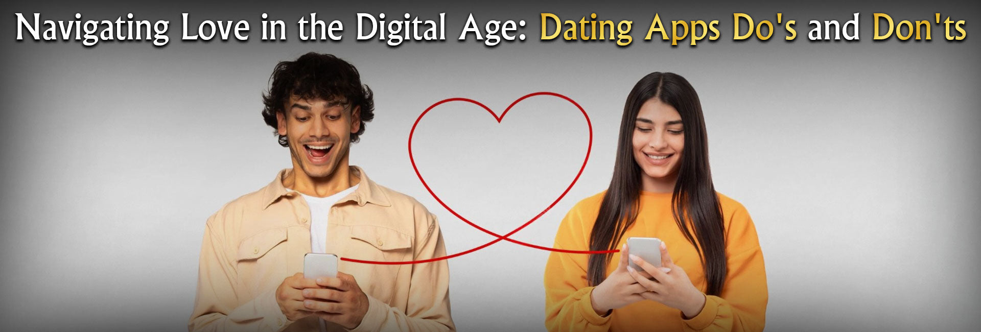 A man and woman smiling while using their smartphones with a heart symbol connecting them, representing online dating.