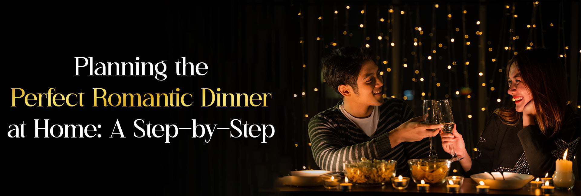 A couple enjoying a candlelit romantic dinner at home with fairy lights in the background, holding wine glasses and smiling at each other.