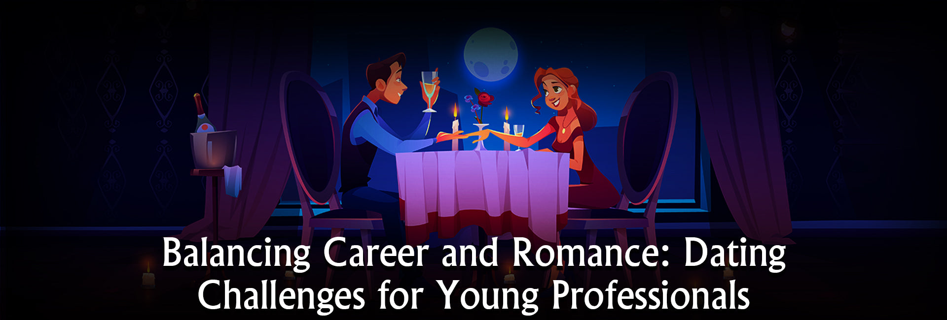A young professional couple sharing a romantic candlelight dinner under the moonlight, representing the struggle to balance career and dating life.